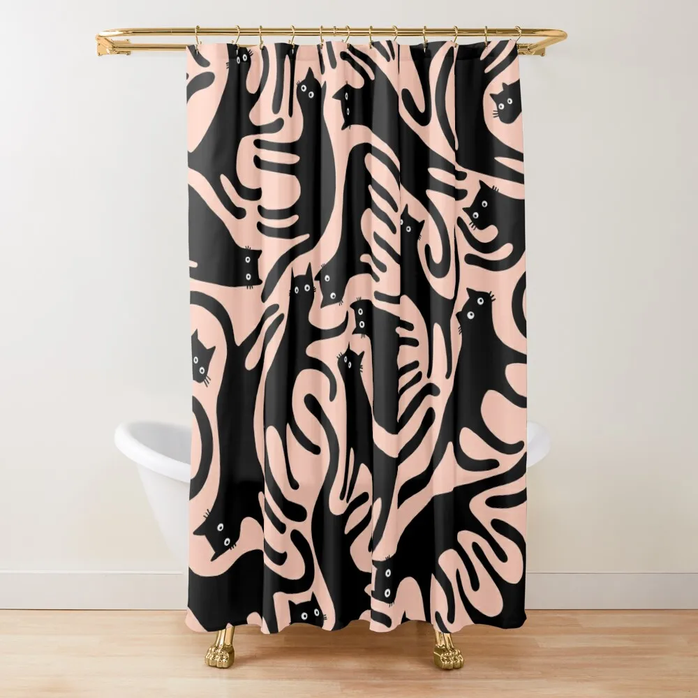 Curious Black Cats on Peachy Pink Shower Curtain Bathroom Box Waterproof Shower Bathroom Decor Curtain