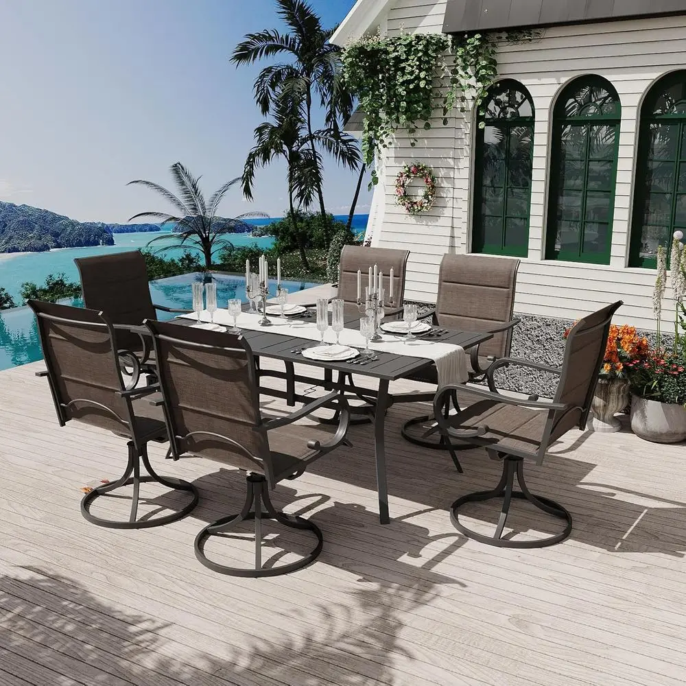 7-Piece Outdoor Dining Set, 6 Swivel Rocker Chairs with High Back Textilene & Recular Metal Dining Table with Umbrella Hole