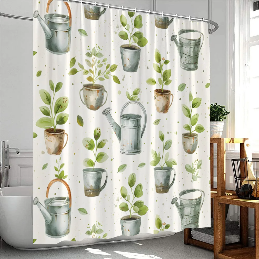 Green Plants Shower Curtain Tropical Leaves Cactus Succulent Flower Botanical Bathroom Decor Polyester Bathtub Curtain with Hook