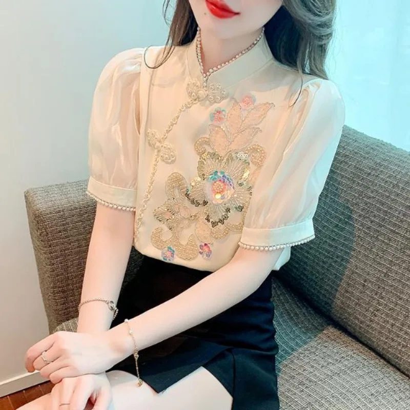 Women Chinese Style Vintage Cheongsam Shirt Elegant Chic Beaded Sequins Embroidery Blouse Summer Stand Collar Short Sleeve Tops