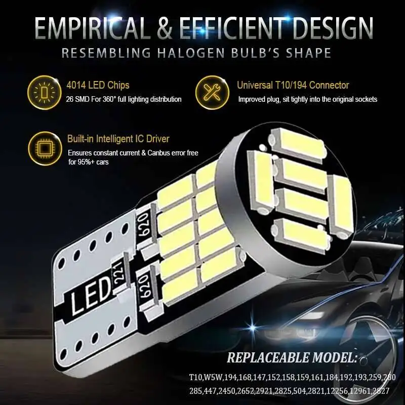 2/6/10 PCS T10 W5W LED Bulb Canbus Error Free 12V 4014 26SMD 7000K White Car Interior Dome Door Trunk License Plate Wedge Lights image 4