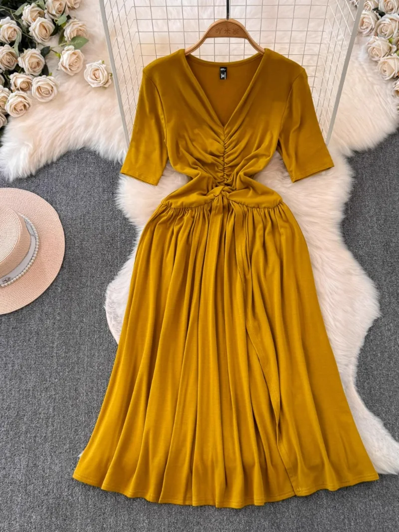 

V Neck Short Sleeve Summer Robe Femme Y2k 2024 New Vestidos De Mujer Elegant Pleated Slim Design Sense Unique Party Dresses