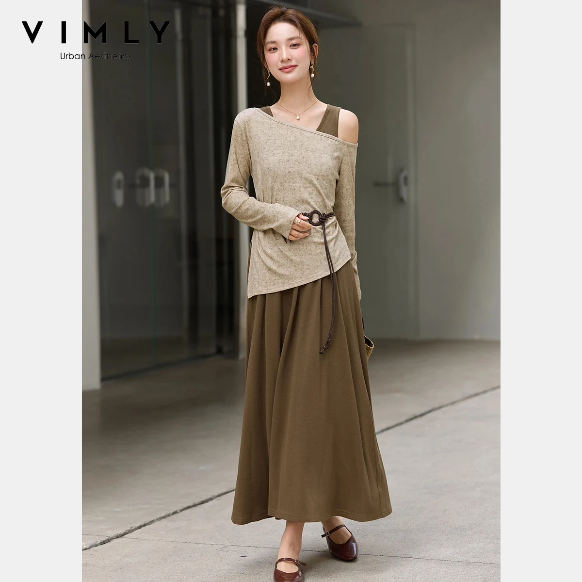 

VIMLY Khaki 2 Piece Set Women 2026 Spring New Fashion Off Shoulder Top U-Neck Slim Dress Elegant Office Two-piece Set A3873