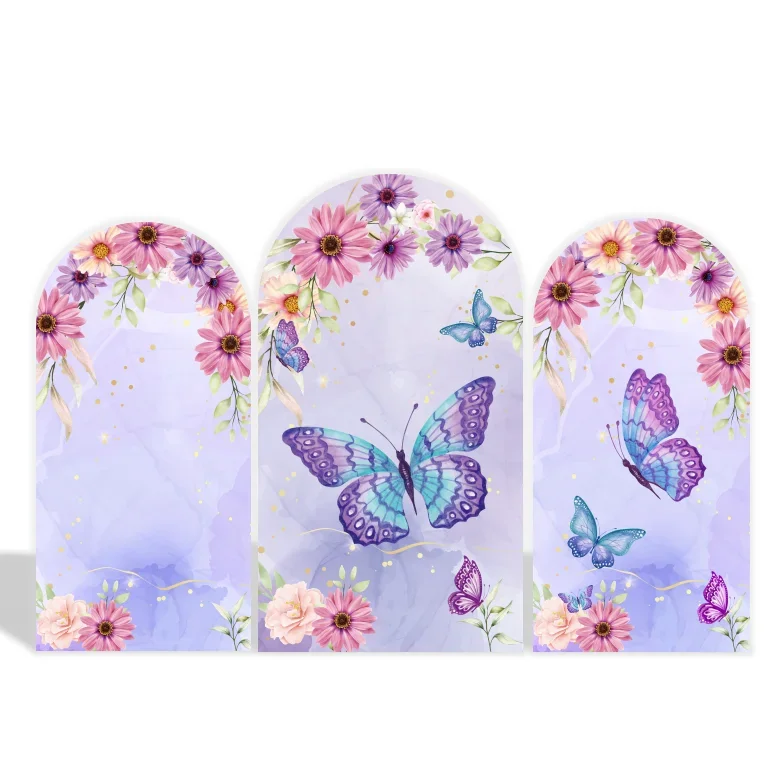 

Mehofond Custom 2-Sided Purple Butterfly Flowers Princess Girl Birthday Party Covers Chiara Arch Background Decor Backdrop Photo