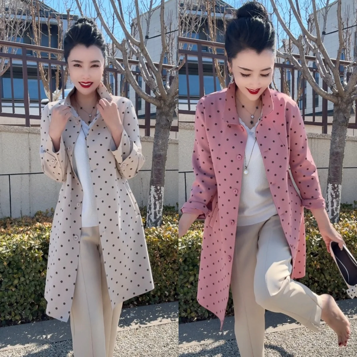 Women Polka Dot Long Sleeve Single Breasted Blazer Coat Casual Loose Fit Mid Length Elegant Spring Summer Outerwear