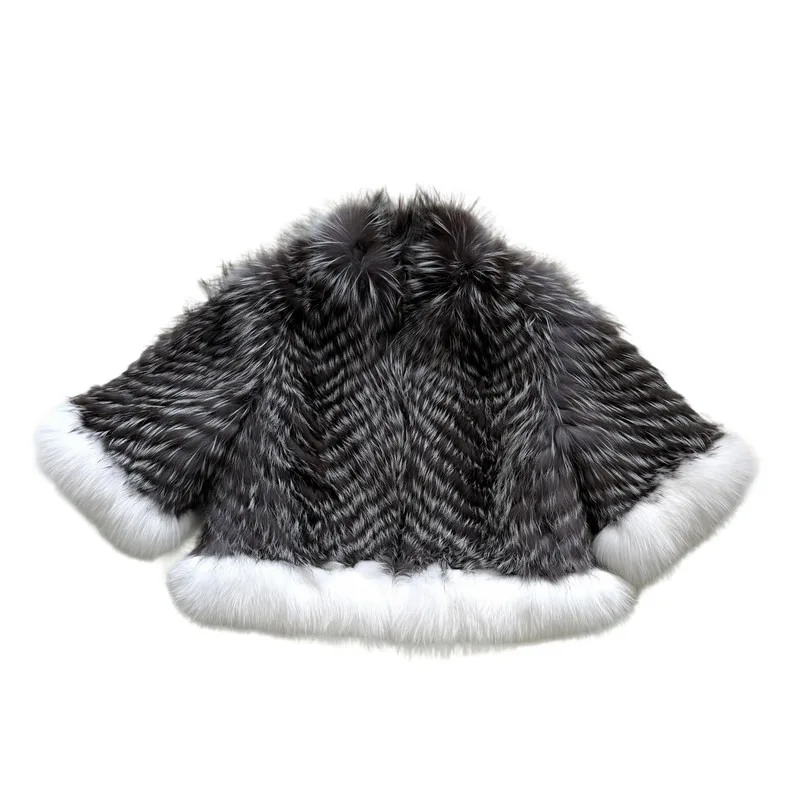 Hot Selling New autumn winter Cape Half-Sleeved Warmth Fox Fur Coat Luxury Fox Fur Wrap Women Real Fox Fur striped Shawl
