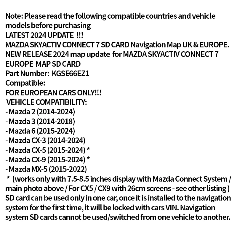 FIT FOR EUROPEAN CAR Mazda NAVIGATION SD CARD MX-5 SKYACTIV CONNECT 7 GPS SD CARD MAP UPDATE - KGSE66EZ1 MAP SD CARD 2024