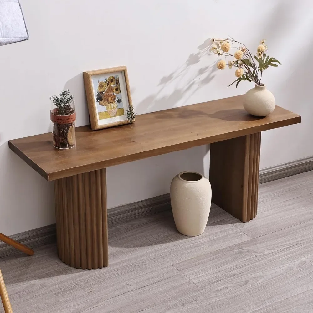 

Fluted Wood Bench, 43" Farmhouse Solid Wood Bench Seat for Entryway, Dining Room, Indoors, Semicircular Leg, Easy Assembly