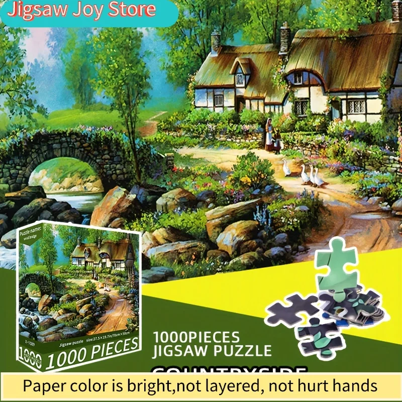 

Пазл для взрослых - большой, 28x20 дюймов, пейзаж сельской местности с домиком и каменным мостом