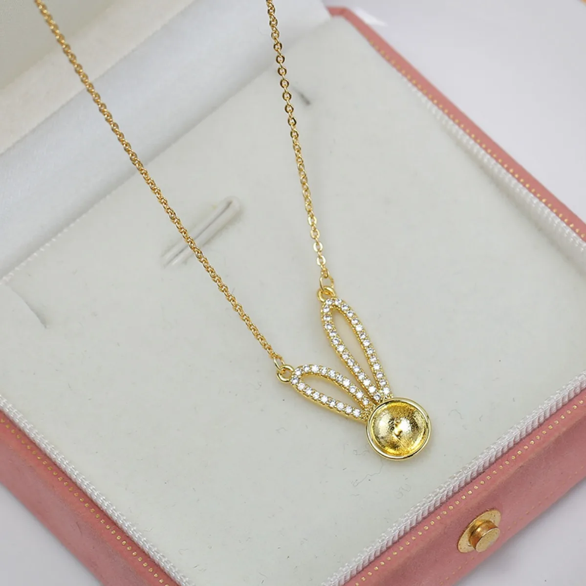 Brass 14K Gold Plated Tarnish Resistant Rabbit Ear Pearl Pendant Blank Setting, DIY Necklace Accessories For Women