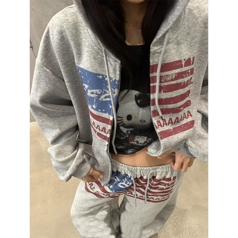 

Осенний американский ретро-модный брендовый флаг, винтажная толстовка с капюшоном с буквенным принтом, дизайн кардигана, верхняя одежда