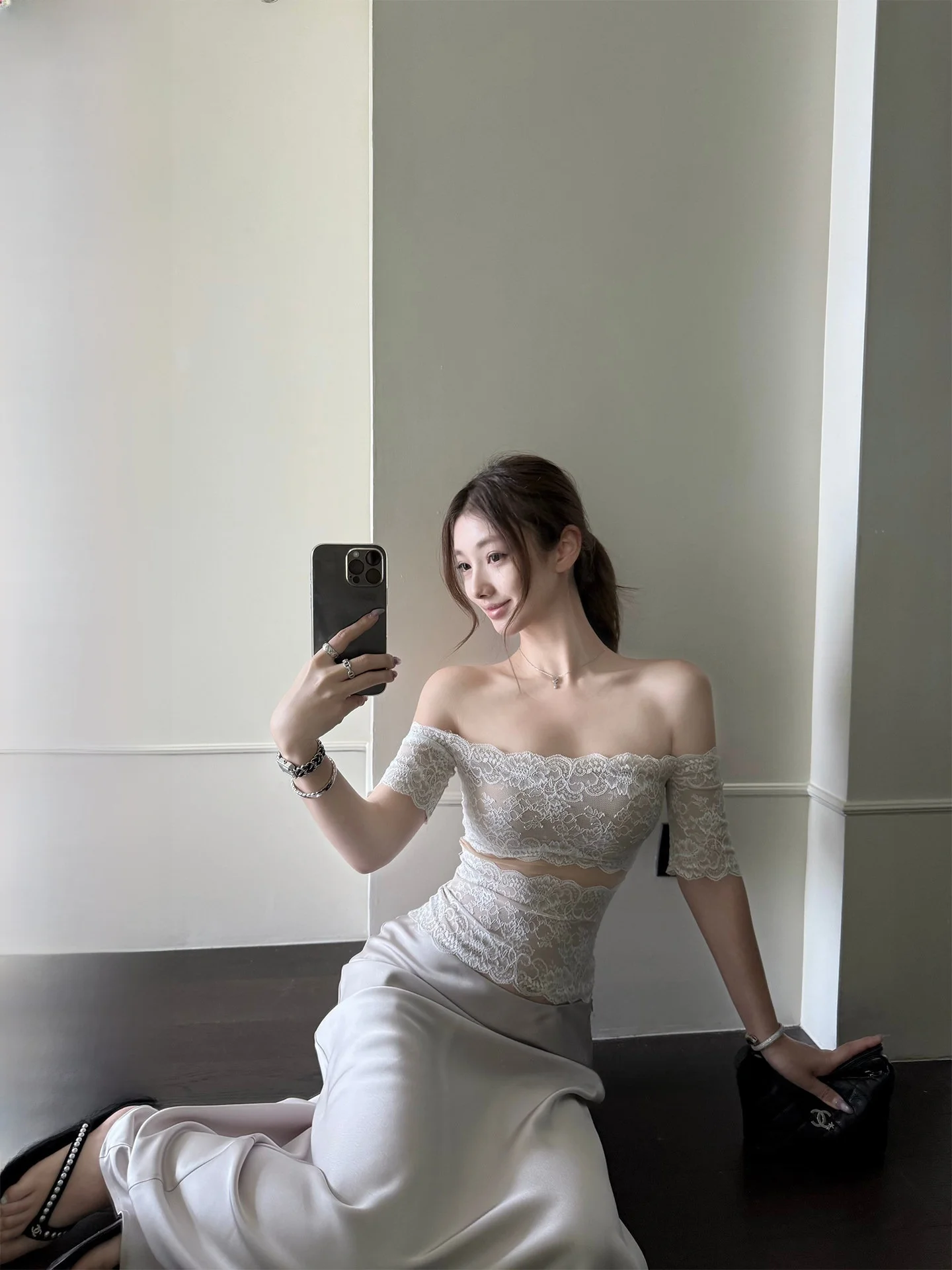 

Bankelili Chestnut Lace Floral Embroidery Shoulder Baring Top High Waist Skirt Set Women Casual Style Short Sleeve