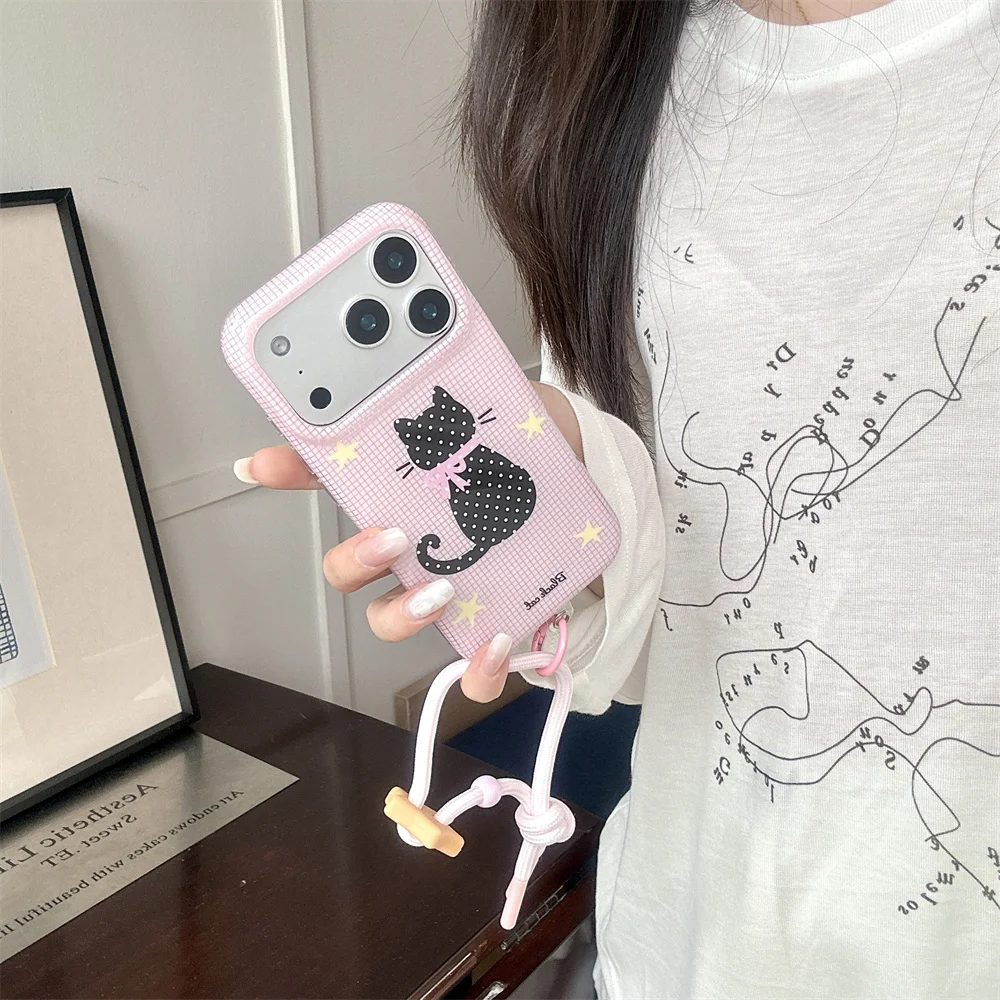 Cute Pink Black Polka‑Dot Cat Phone Case For iPhone 15 16 17 Pro Max Bow Kitten Star Print Shockproof Protective Cover For Girls