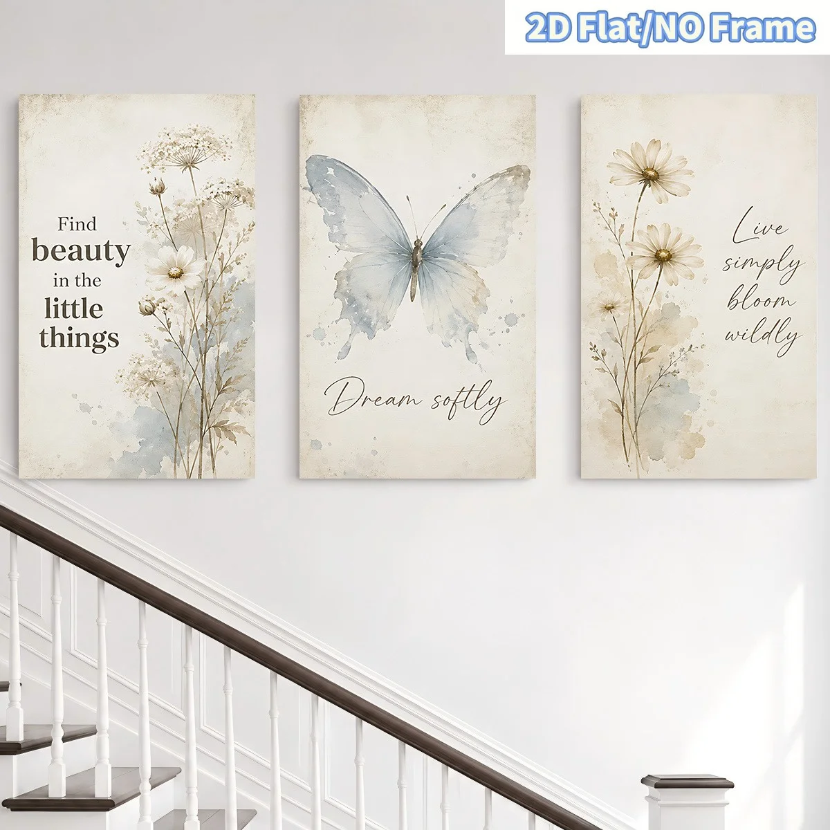 （NoFrame 3PCS)-2D Flat, 2D Flat Frameless 3pcs Canvas Wall Art Set with Floral Butterfly and Inspirational Quote Themes, Home
