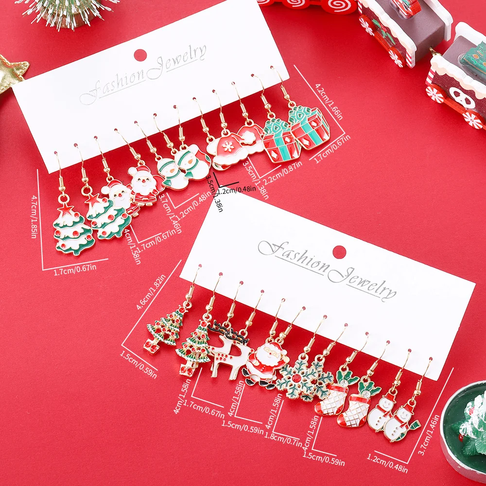 6 أزواج من الأقراط المتدلية لعيد الميلاد الكرتونية مجموعة سانتا كلوز شجرة عيد الميلاد ثلج الرنة أحذية الثلوج قلادة الملحقات