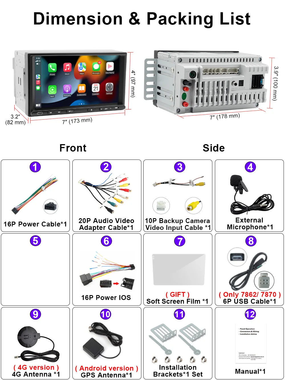 Type C 2 Din 7 Inch Car Universal Multimedia AI Voice Wireless Android Auto Carplay GPS Navigation MP5 Radio steroe head unit