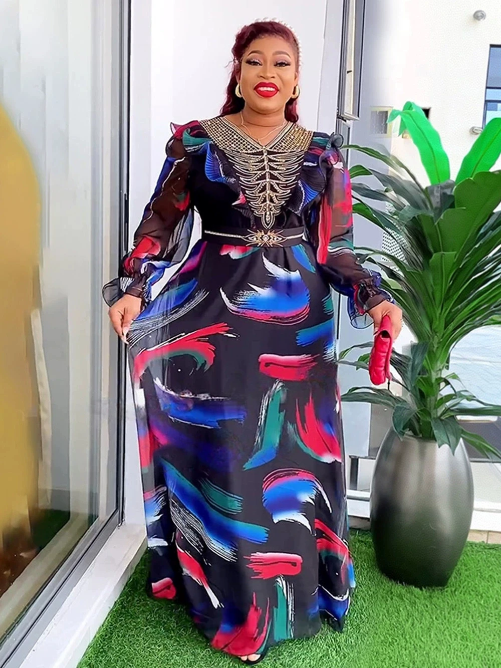 فساتين حفلات الزفاف الأفريقية مقاس كبير للنساء Dashiki ترتر كم طويل ثوب مسائي أنيق تركيا فستان ماكسي إسلامي