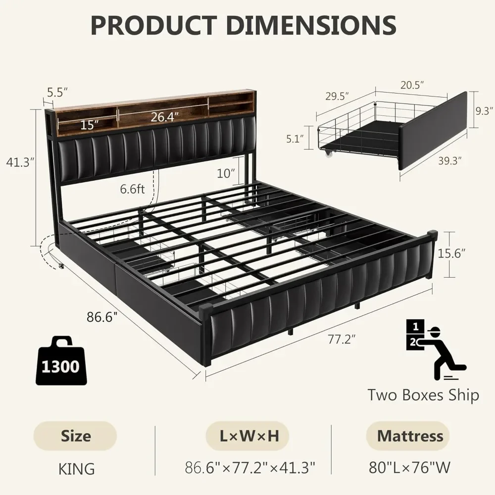 King Bed Frame with 4 Storage Drawers & Headboard, Bed Frame with USB-C & Charging Station, No Box Spring Needed, LED Bed Frame