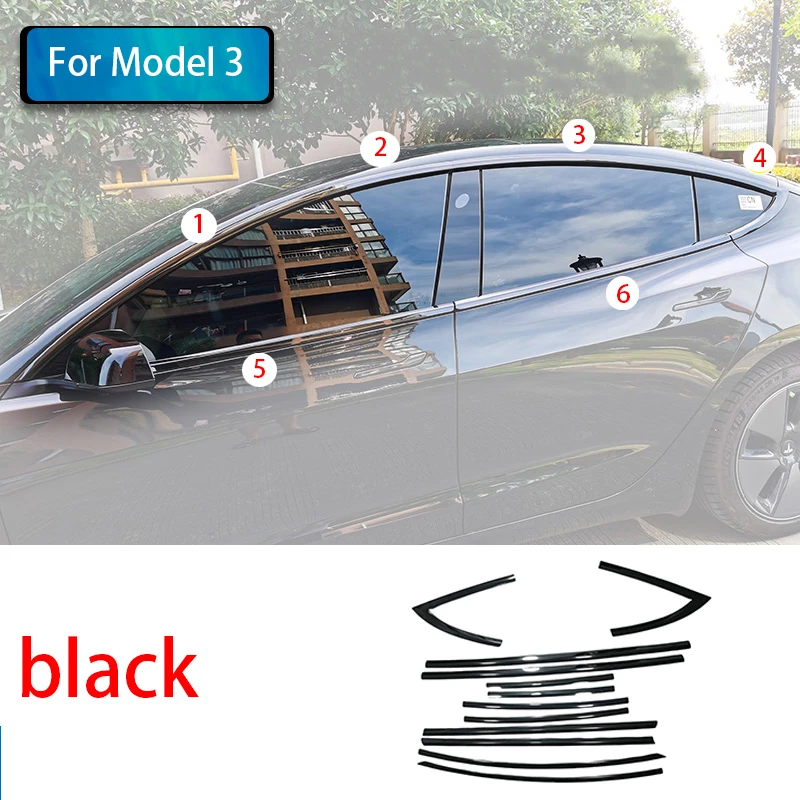 

Car Accessories For Tesla Model 3 2017-2023 steel Chrome black Carbon Exterior Window Molding Strip Sill side Cover Trim 12pcs