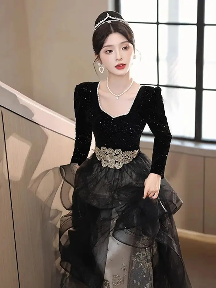 Elegancka sukienka wieczorowa z cekinami, długi rękaw, nowość 2025, damska, zimowa, dopasowana, rozkloszowana suknia balowa, klasyczna tiulowa sukienka z kwadratowym dekoltem.