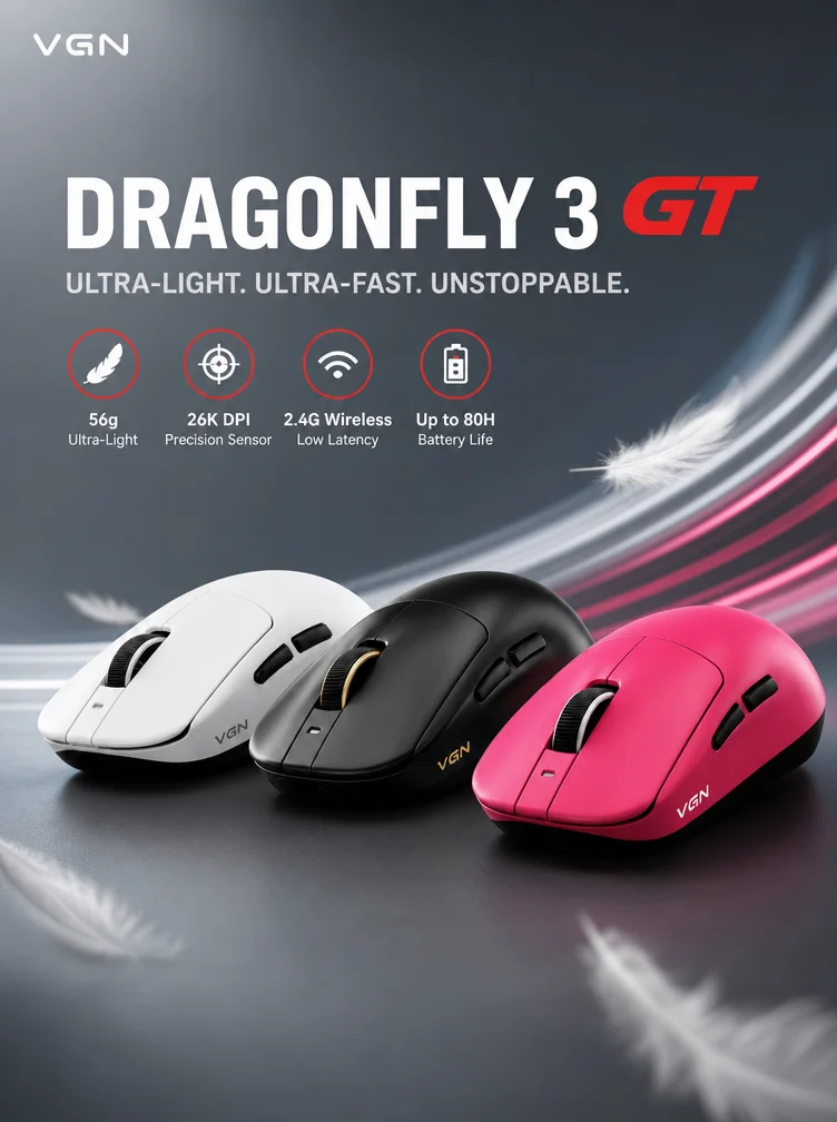 Vgn Dragonfly 3 Master Tri-Mode Wireless Gaming Mouse, 8k Polling Rate Ultra Light Ergonomic, Long Battery Life For Pc Gaming