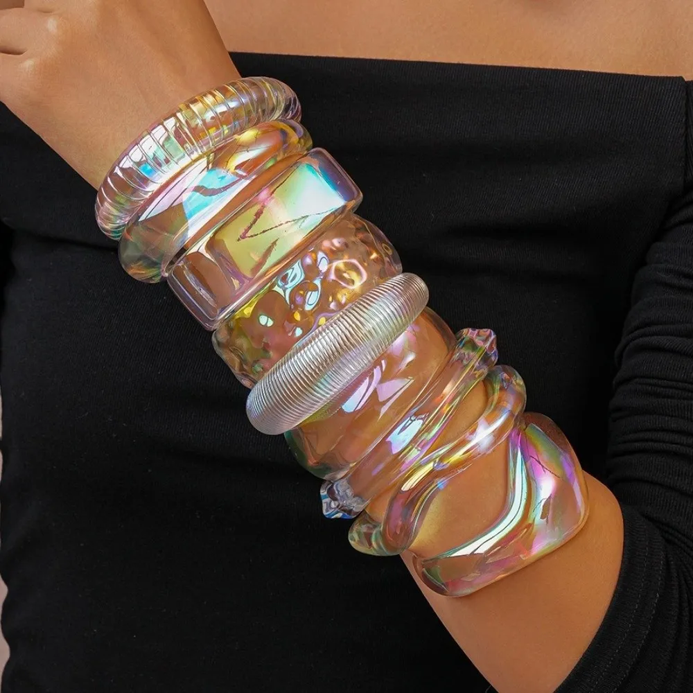 Transparent Acrylic Opening Bangle Irregular Large Color Shifting Effect Wide Cuff Bracelet Lightweight Comfortable