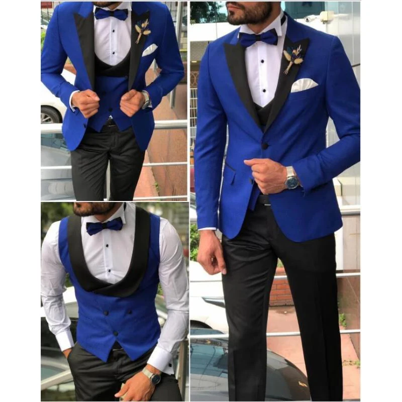 

2 Button Royal Blue Men Tuxdeos Black Satin Lapel Collar Groom Suits Groomsmen Wedding Best Man 3 Piece (Jacket+Pants+Vest)