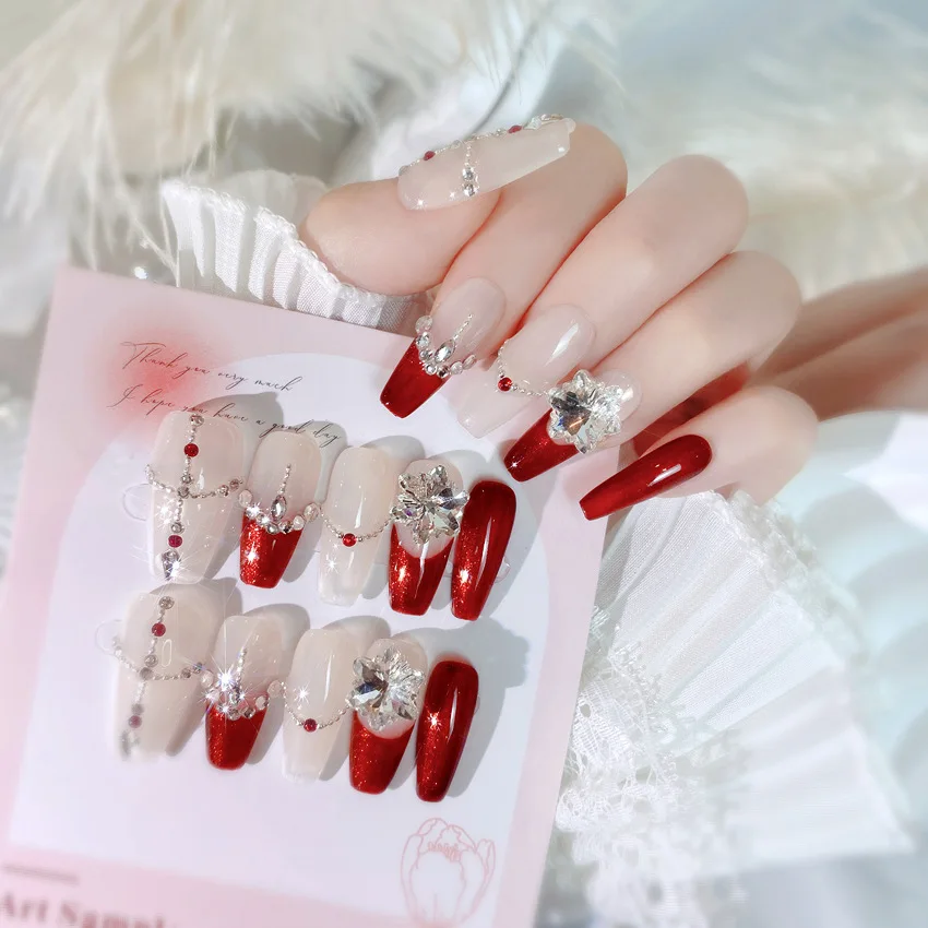 Handmade Grande Decoração De Cristal, Pressione nas unhas, Vermelho Noiva Francesa, Wearable Patches De Unhas Falsas, Glitter Rhinestone, Dicas Falsas, 10pcs