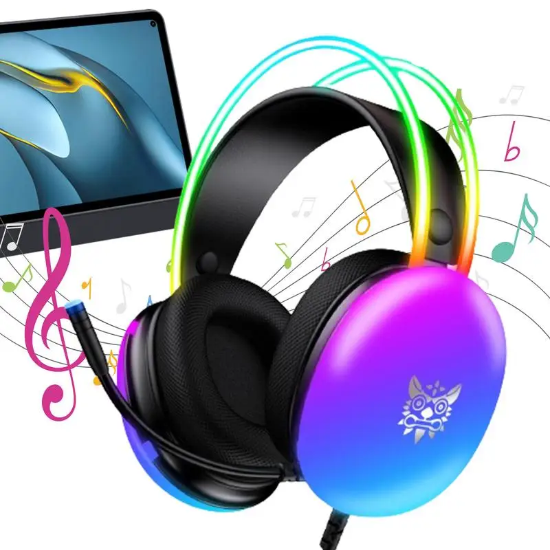 Game Headset With Mic Stereo Wired Over-Ear Game Headphones Wired Laptop Desktop Computer Headset RGB Rainbow Backlit Noise