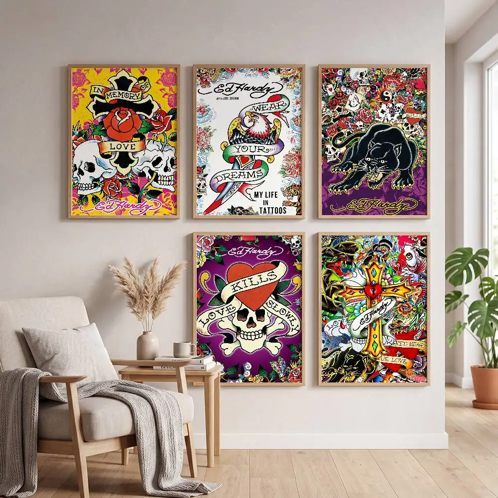 Fashion Brand E-Ed H-Hardy Classic Vintage Poster Self-adhesive Art Waterproof Paper Sticker Coffee House Bar Room Wall Decor