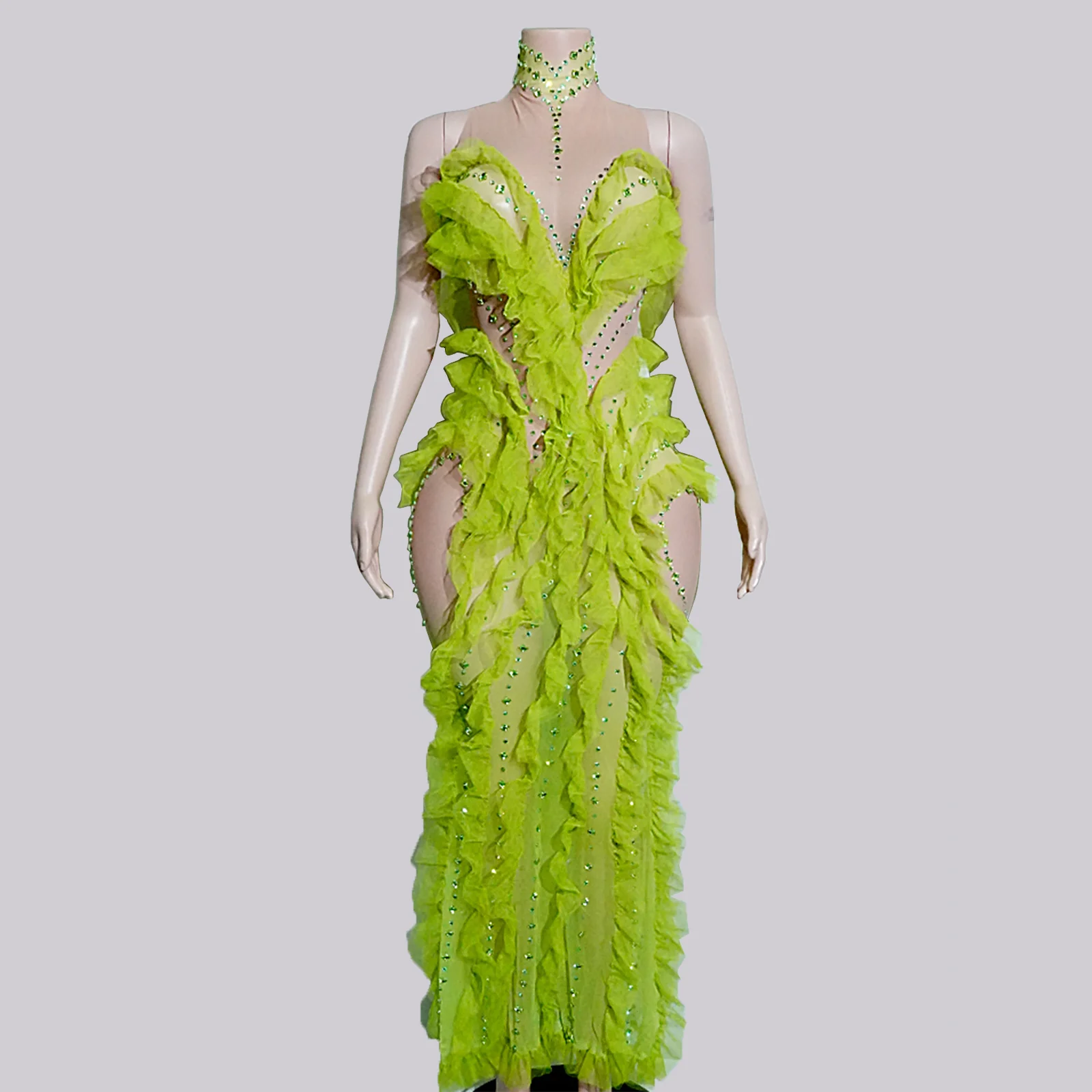 

Сексуальное зеленое сетчатое платье со стразами, костюм певицы для мероприятий, выступления, танцевальная одежда Gogo, костюм для дня рождения, сценического шоу, выпускного вечера