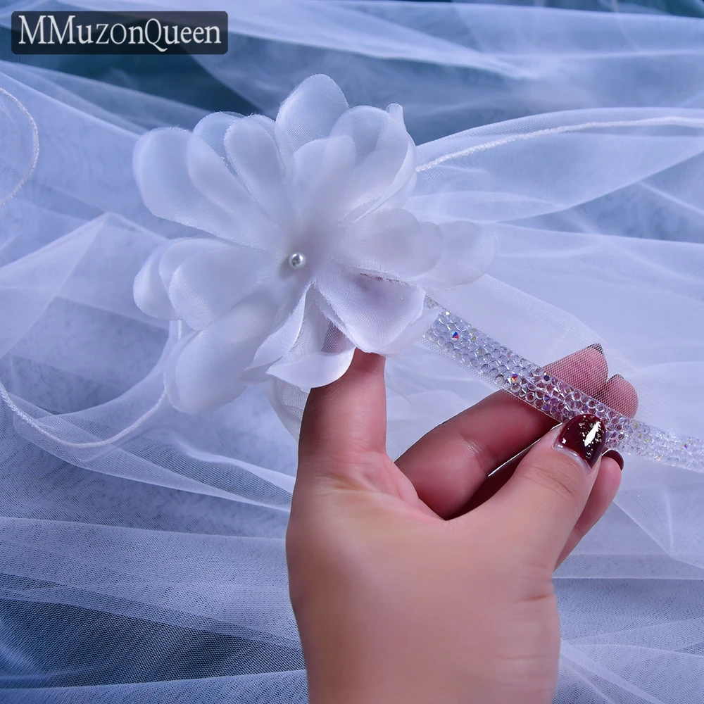 MMQ MG11 Elegant Long Wedding Shawl 3D Flower Sparkling Rhinestone Edge Bridal Capes Tulle Veil Accessories DIY Customized