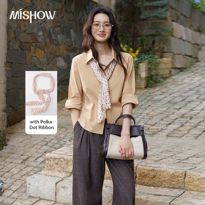 MISHOW Pure Cotton Shirt 2026 Autumn Lapel Elbow‑Sleeve Shirt with Detachable Polka‑Dot Scarf Waist‑Tucked Casual Top MXF41C2565