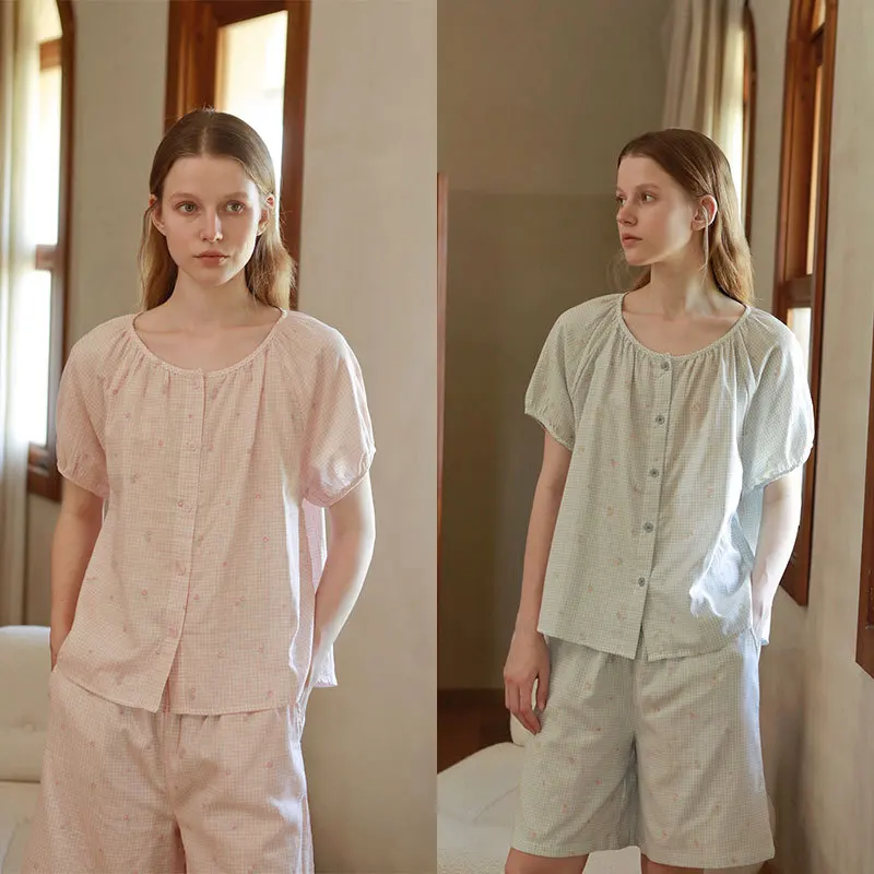 

Women Summer Cotton Short Sleeves Sleepwear Casual Cardigan Two-Pieces Plains Pajamas Loose Design Short Pants Pyjama Sets New