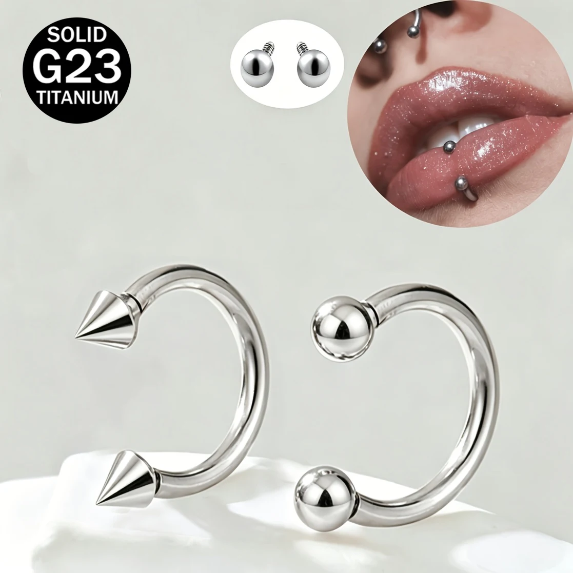 2pcs Punk Internal Thread C-Ring Lip Ring Jewelry G23 Titanium Cartilage Earring Spherical and Pointed Cone for Nostril Piercing
