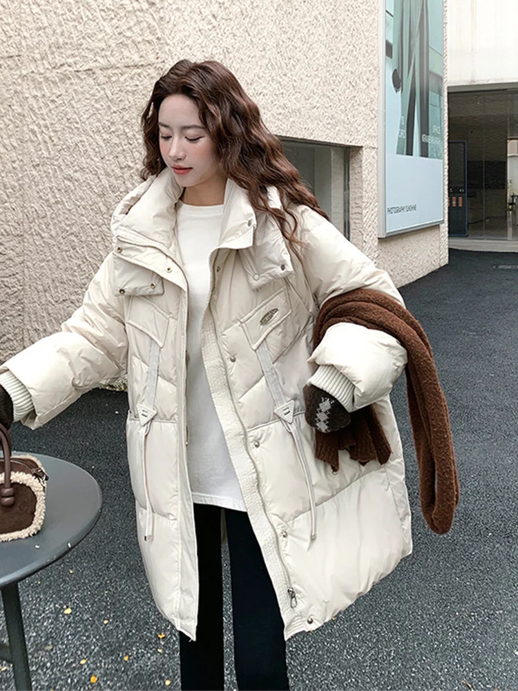 한국 슬레 티엔드 브레드 다운 자에트 여성용 중간 길이 따뜻한 겨울 외투 2025년 신상 디자인 스위트 슬레 루즈핏