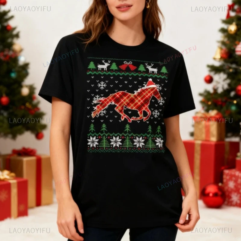 

Plaid Horse Riding Creative Grid Design Christmas T-shirt Equestrian Holiday Shirt Horse Lover Unisex Tee Men Women Fashion Tops