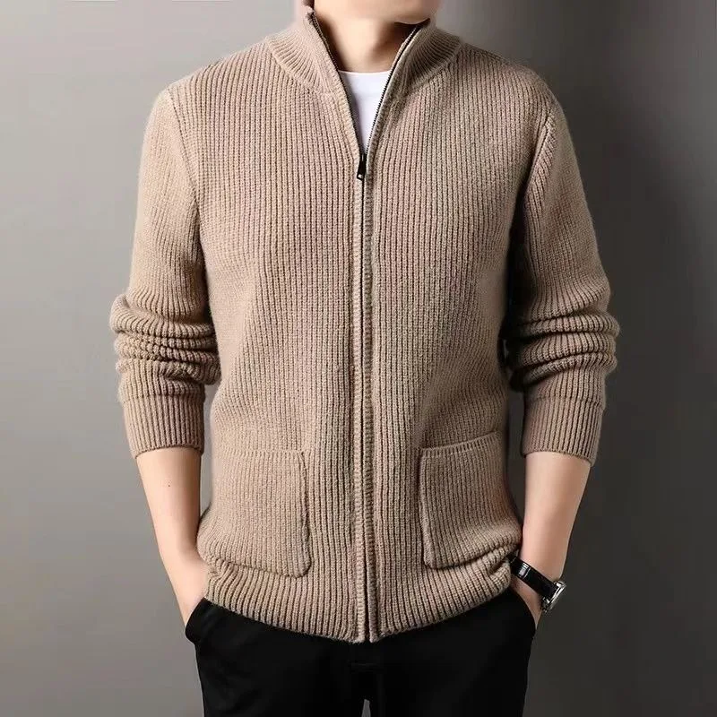 Men Stand Collar Vertical Ribbed Knit Full Zip Loose Long Sleeve Cardigan Jacket
