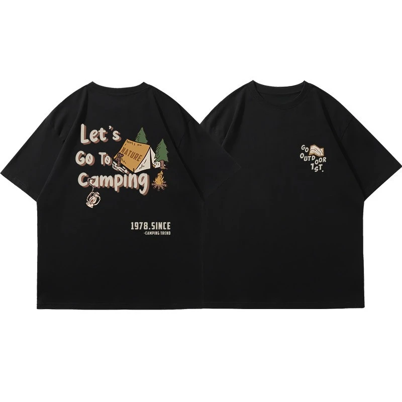Korea Dark Green Outdoor Wind Loose Short Sleeve T-shirt Men Back Camping Print American Casual Retro Cotton T-shirt