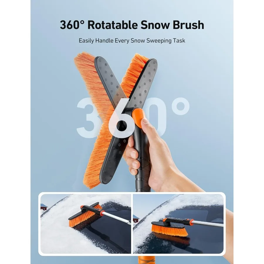 مكشطة ثلج 2 في 1 ومجموعة مجرفة ثلج مع مكشطة ثلج قابلة للتمديد مقاس 47.2 بوصة للزجاج الأمامي للسيارة فرشاة ثلج محورية 360 درجة قابلة للتعديل