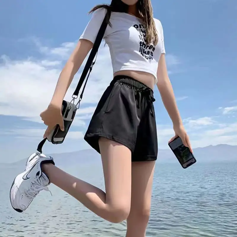 2024 New Women Casual Drawstring Sports Shorts Summer Thin High Waist Yoga A-line Shorts Loose Women Running Straight Trousers