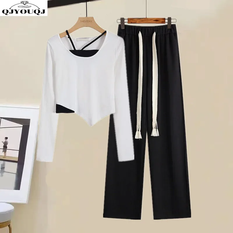 

Women's Set 2024 New Early Autumn Irregular Long sleeved Slim Fit Top+Fashionable Loose Wide Leg Pants