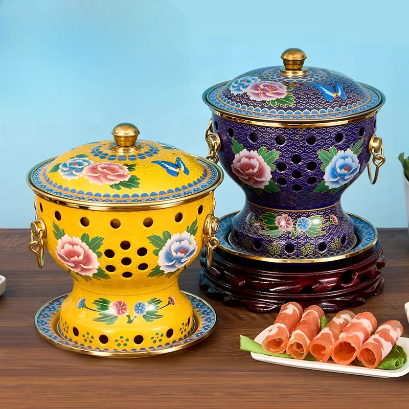 

Luxury Handcrafted Cloisonne Alcohol Stove Vintage Enamel Mini Copper Hot Pot for 1 Person, Thickened Base Small Stew Pot