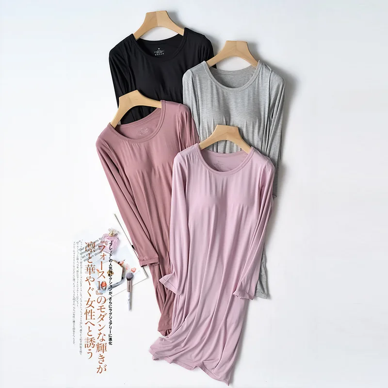 

Summer New Ladies' Long Nightdress Women's Full-sleeved Skirt with Chest Pad, Mid-length Plus Size Home Loungewear Nightdress