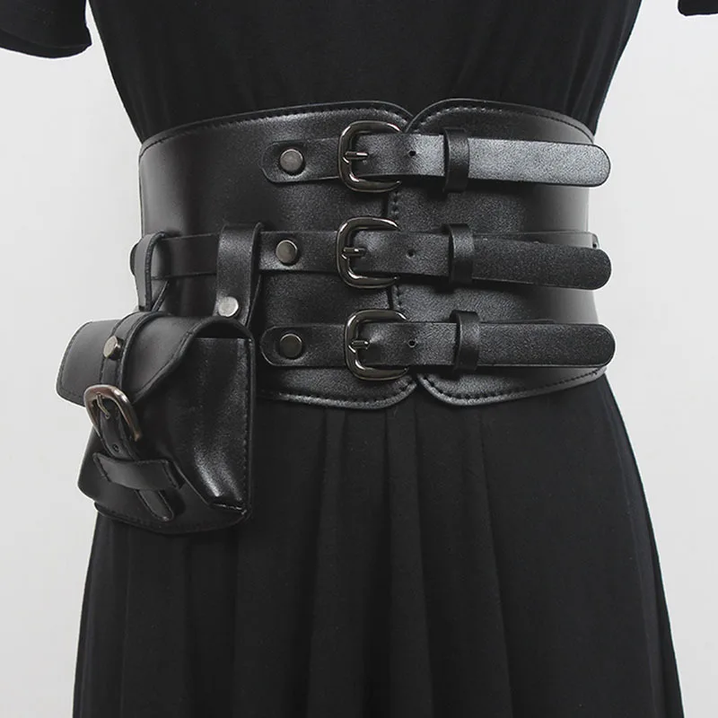 Punk Style Faux Leather Waist Belt with Rivet Detail and Pouch for Women