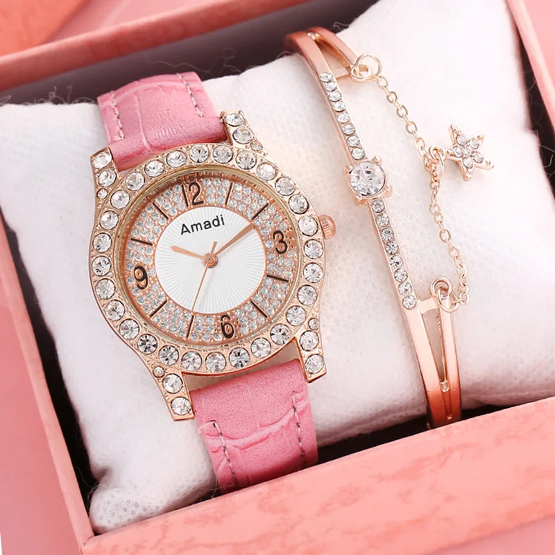 

New Watch Ladies Fashion Two Piece Set Student Women's Watch with Diamonds Reloj De Señoras