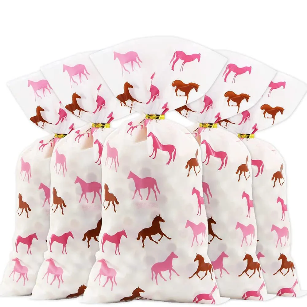 Bolsas de celofán para caballos, bolsa de Diosa para caballos, color rosa y marrón, bolsa de dulces para carreras de caballos, decoración para fiestas temáticas occidentales, 10 Uds.