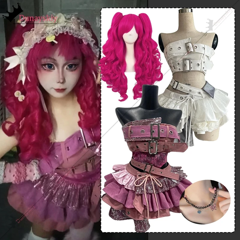 

Y2K стиль косплей с низкой талией лоскутный топ без рукавов с лямкой на шее нерегулярная розовая полуюбка сексуальная короткая юбка костюм Хэллоуин маскировка