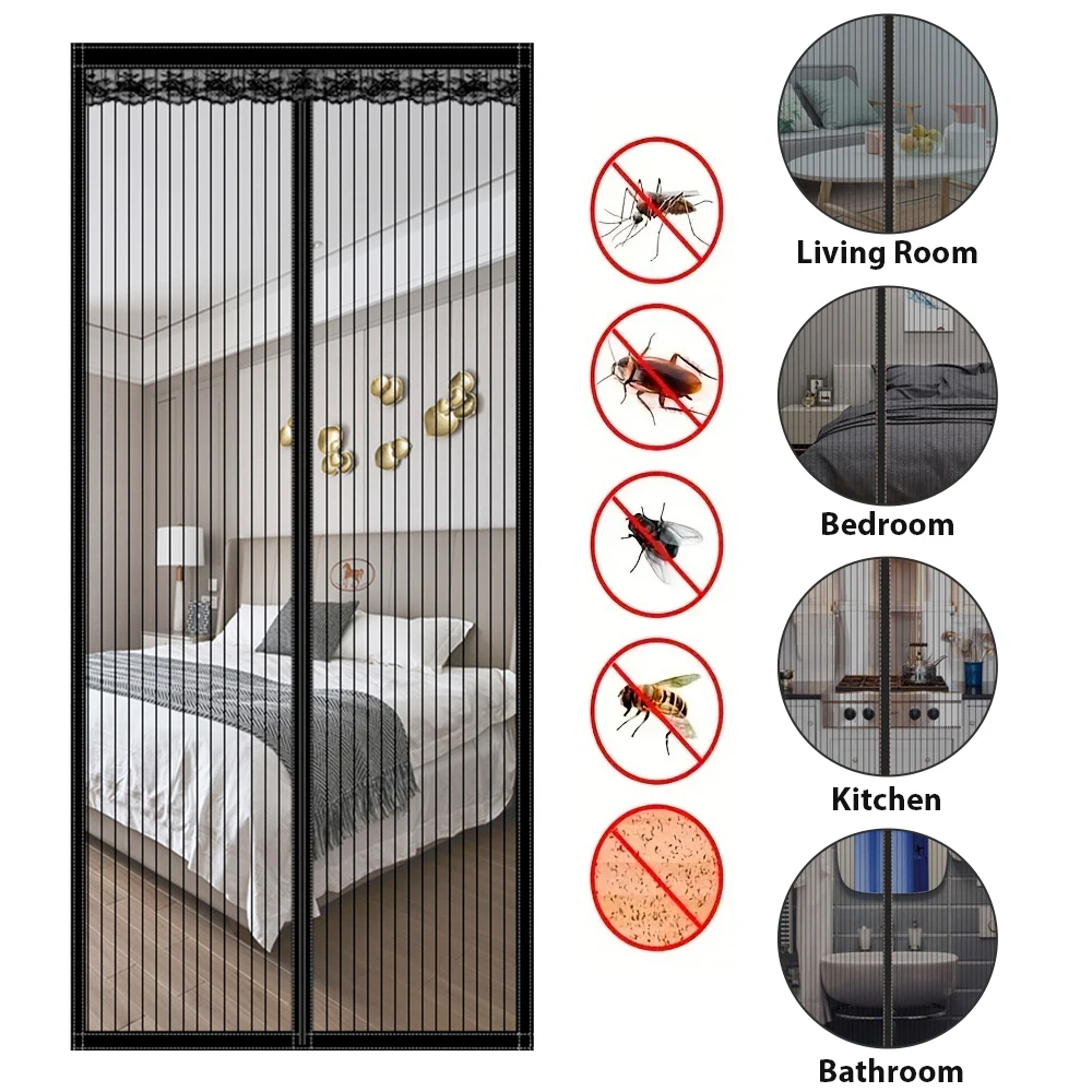 Heavy Duty Magnetic Screen Door Mesh Curtain Mosquito Net Bug Hands Free Partition Mute Striped Door Curtain Bedroom Ventilation
