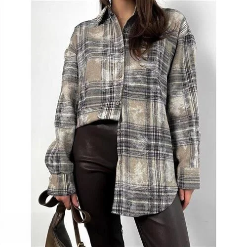 

Faionable Cheered Long Sve irt Women's Loose Fit Mid-Length Collar Button-Up Casual Workwear Summer irt